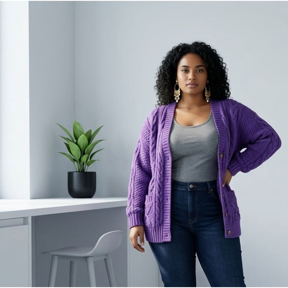 Women's Vintage 90s Streetwear BasicEdition Royal Purple Cable Knit Cardigan M